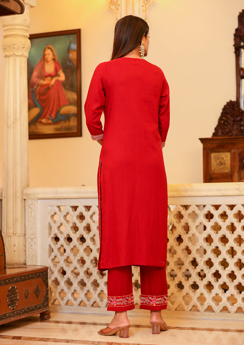 Women's Red Rayon Embroidered Kurta Pant Set With Dupatta  - KAAJH