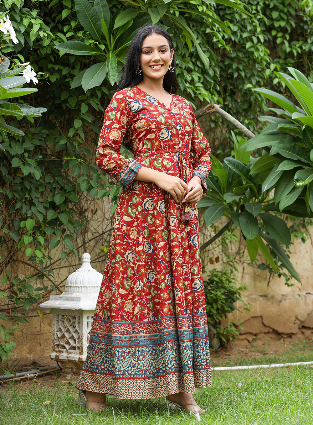 Women's Maroon Kalamkari Print Viscose Rayon Anarkali Dress - KAAJH