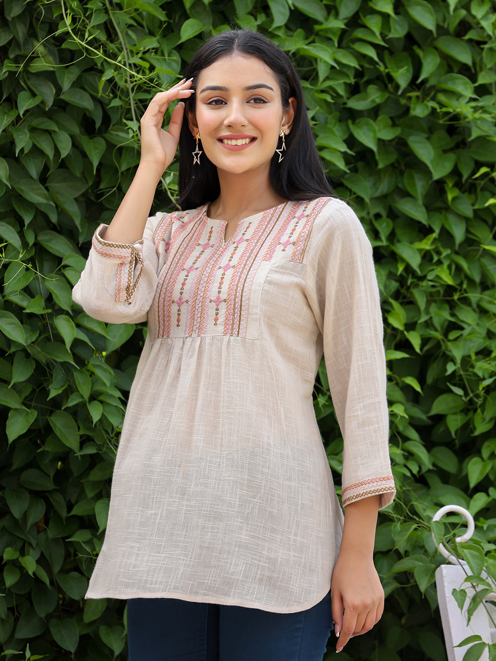 Women's Ivory Embroidered Cotton Top - KAAJH
