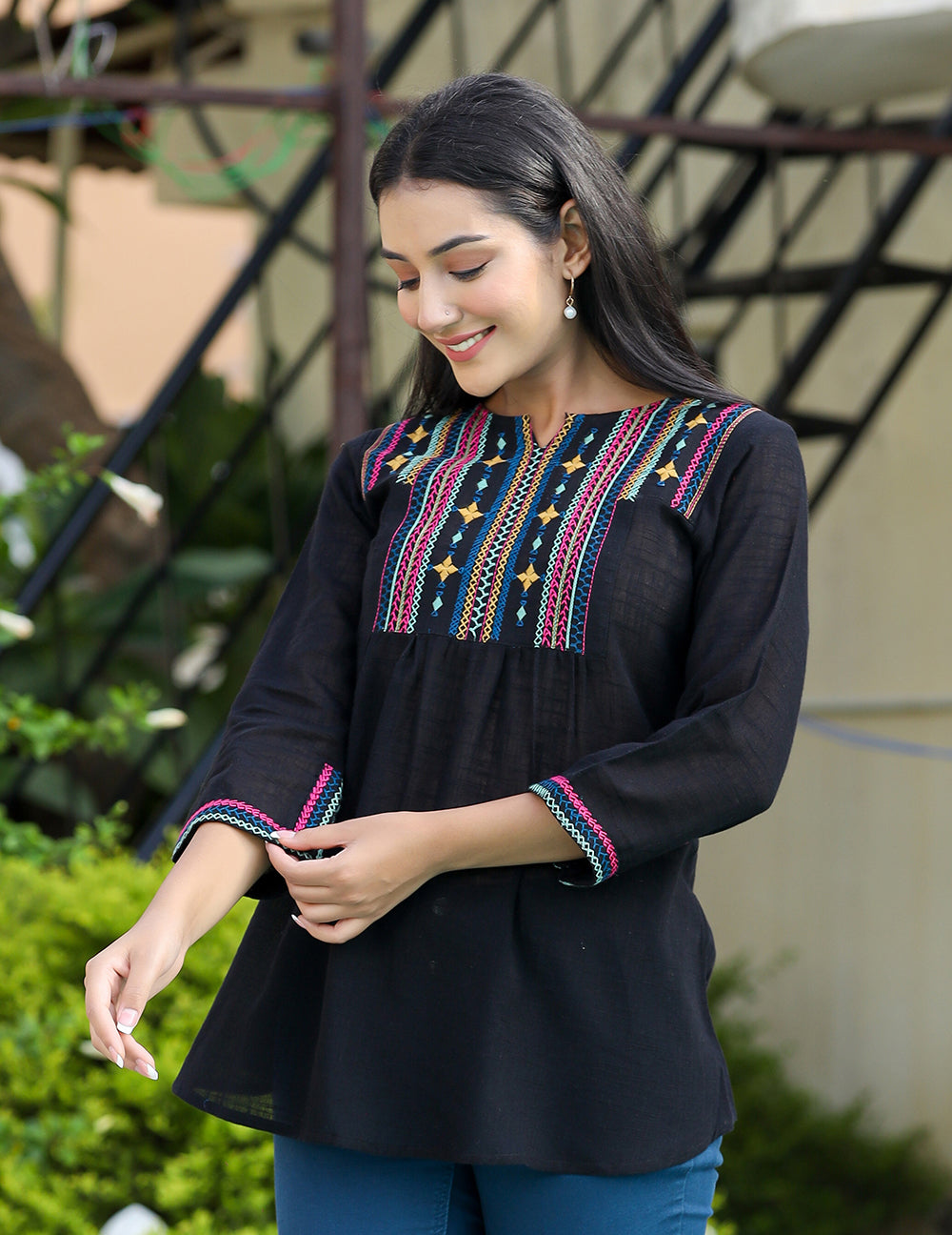 Women's Black Embroidered Cotton Top - KAAJH