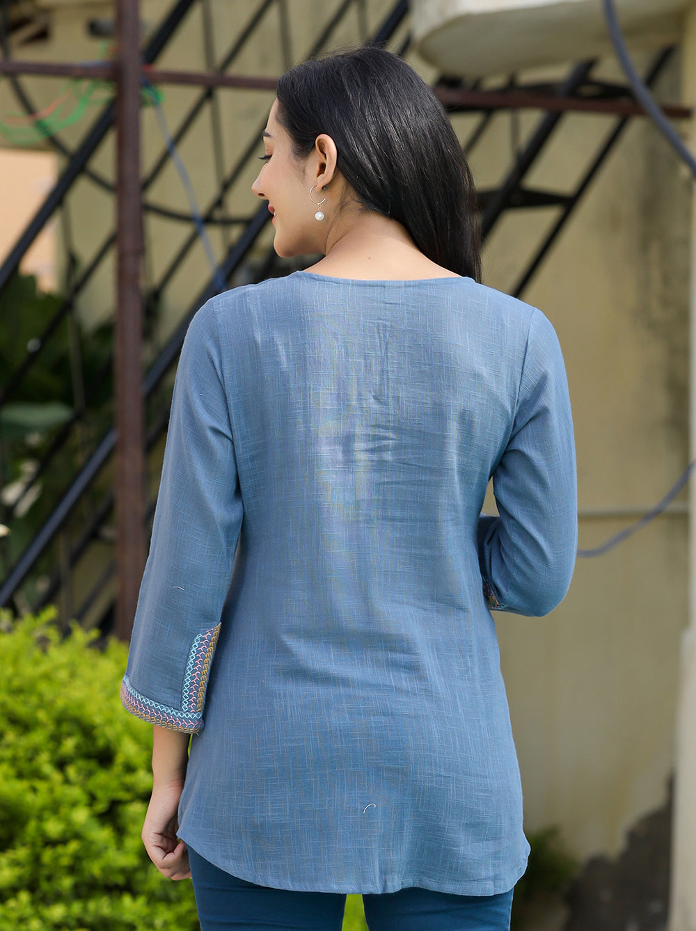Women's Light Blue Embroidered Cotton Top - KAAJH