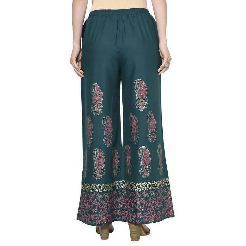 Women's Teal Blue Rayon Block Print Flared slip-on Palazzo