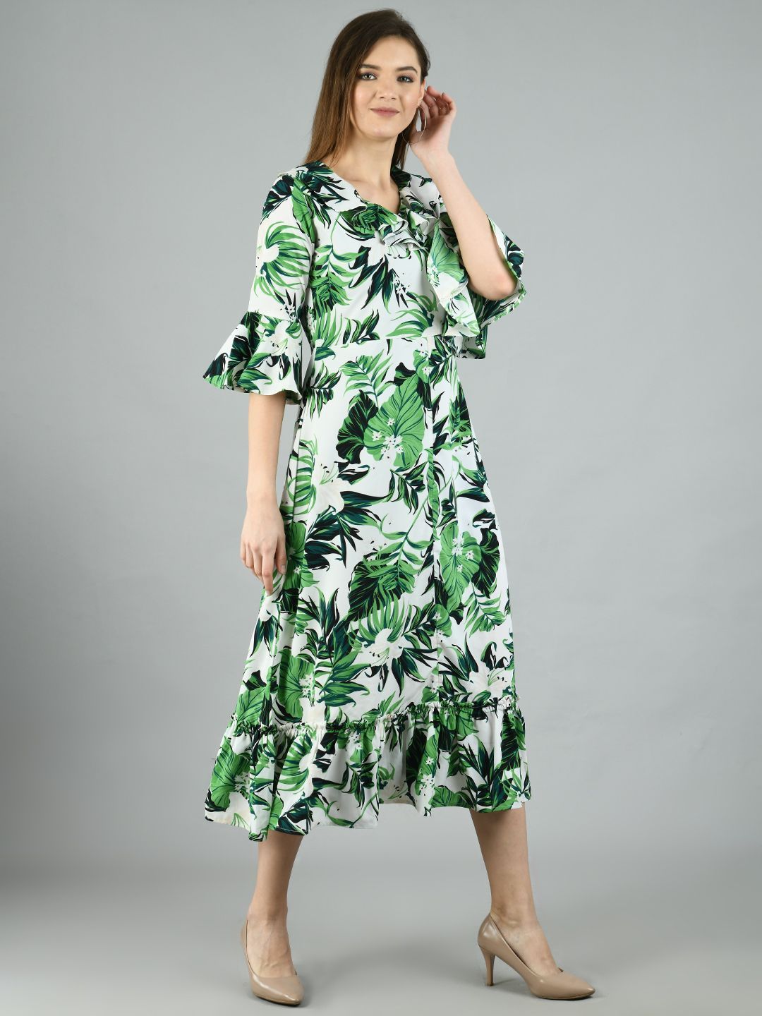 Women's Green Polyester Printed Half Sleeve V Neck Casual Dress - Myshka