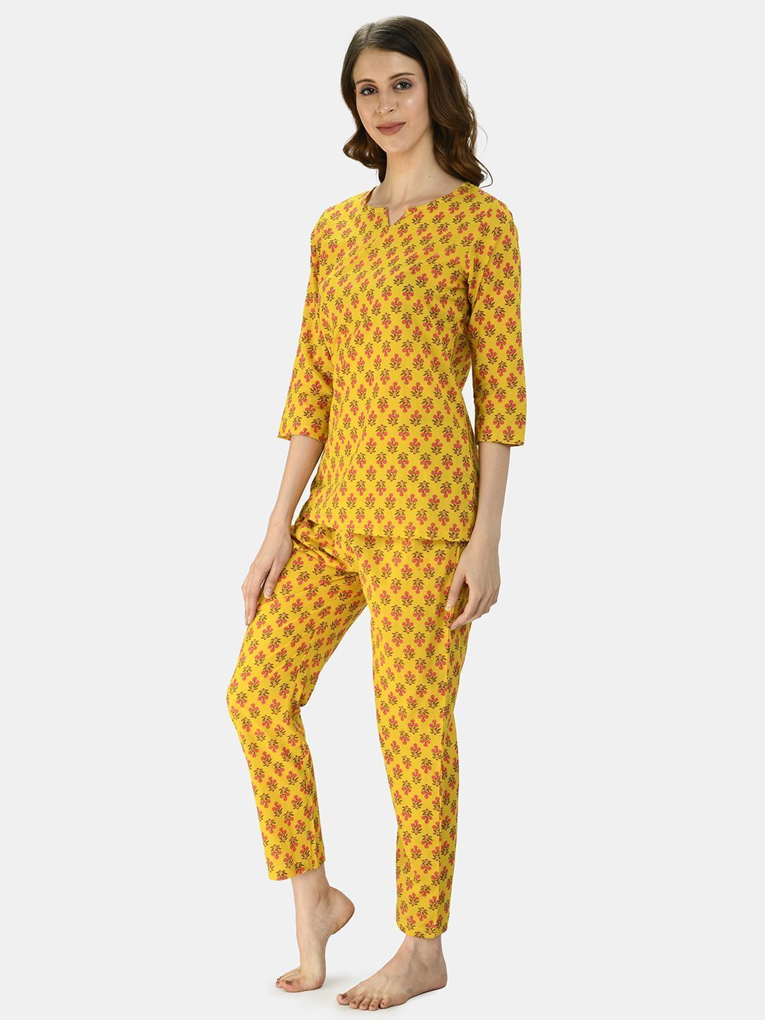 Women's Turmeric Yellow Cotton Printed Half Sleeve V Neck Casual Night Suit - Myshka