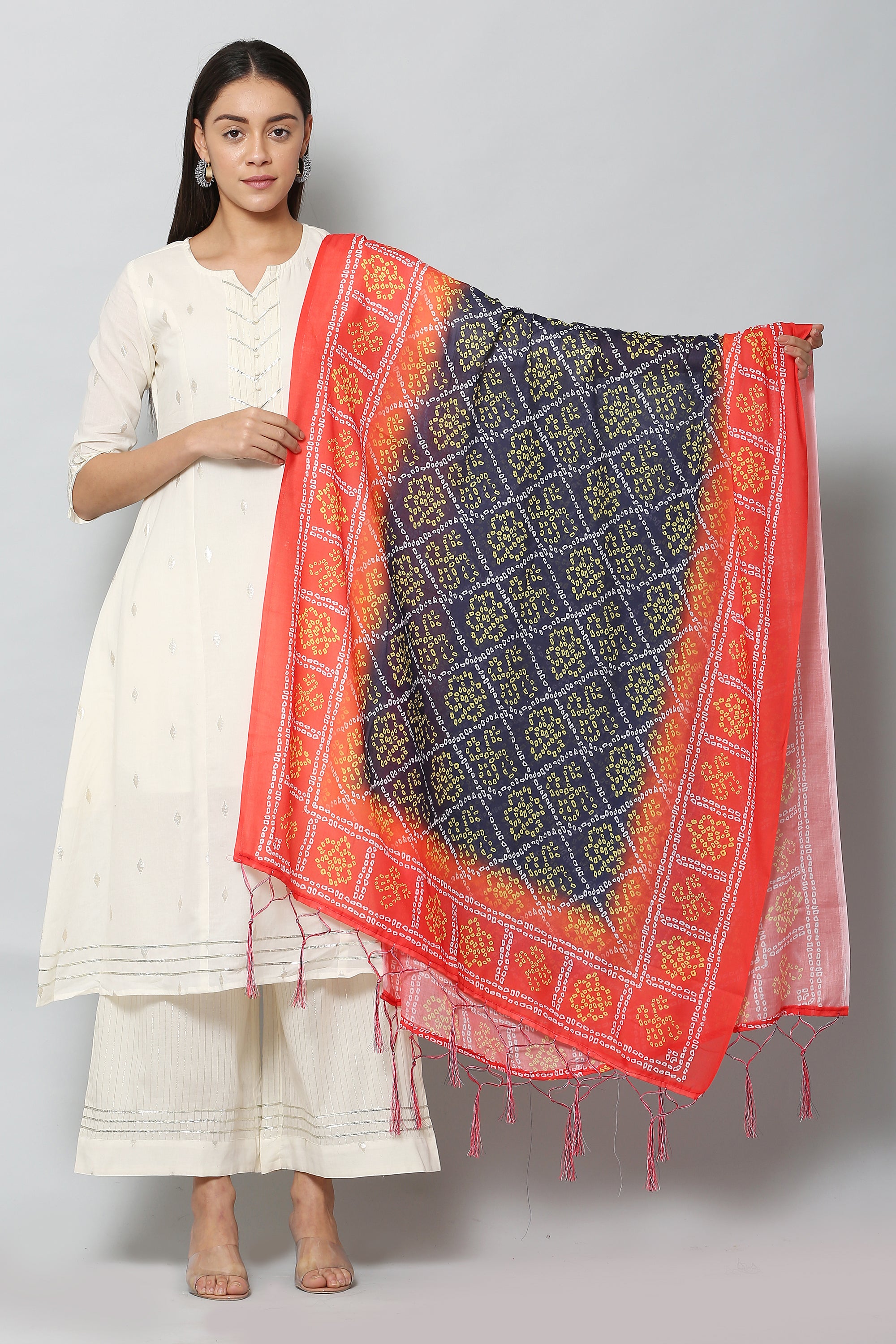 Women's Red & Blue Color Bandhani Digital Printed Dupatta - VAABA