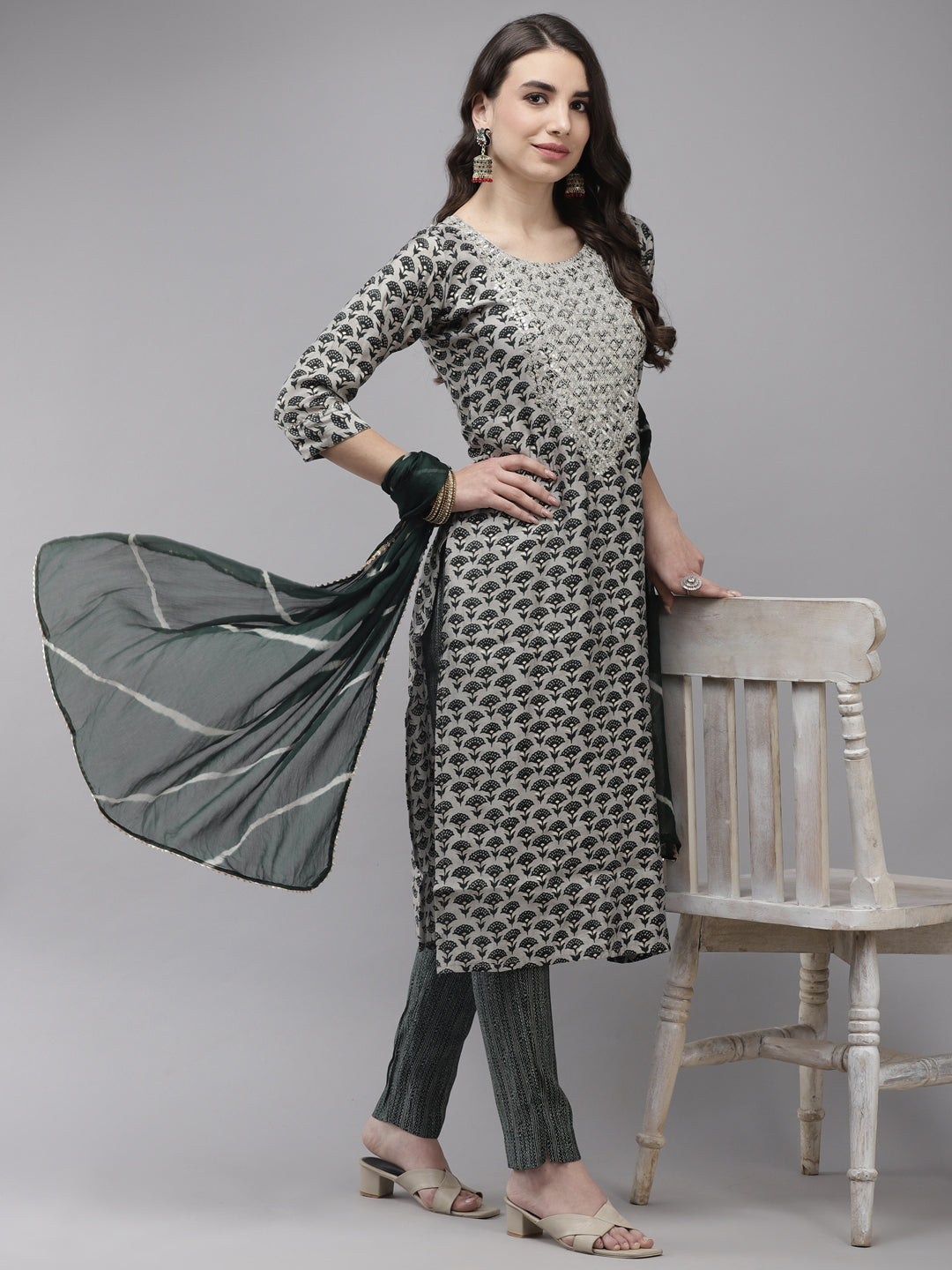 Women's Silk Blend Grey & Green Embroidered A-Line Kurta Trouser Dupatta Set - Navyaa