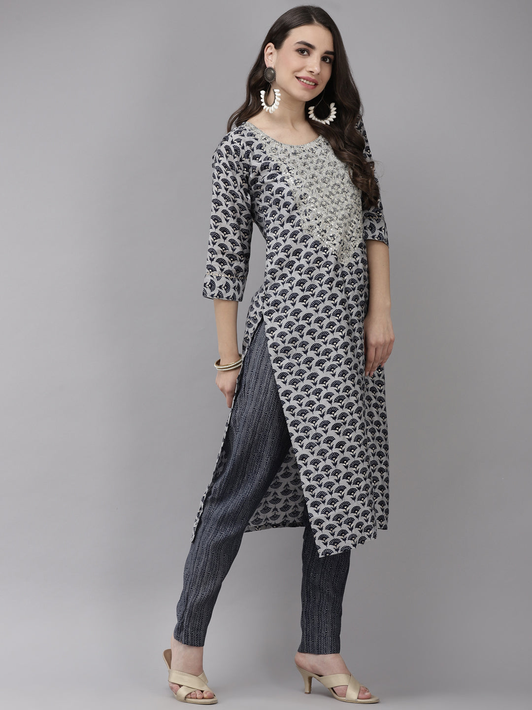 Women's Silk Blend Grey & Navy Blue Embroidered A-Line Kurta Trouser Dupatta Set - Navyaa