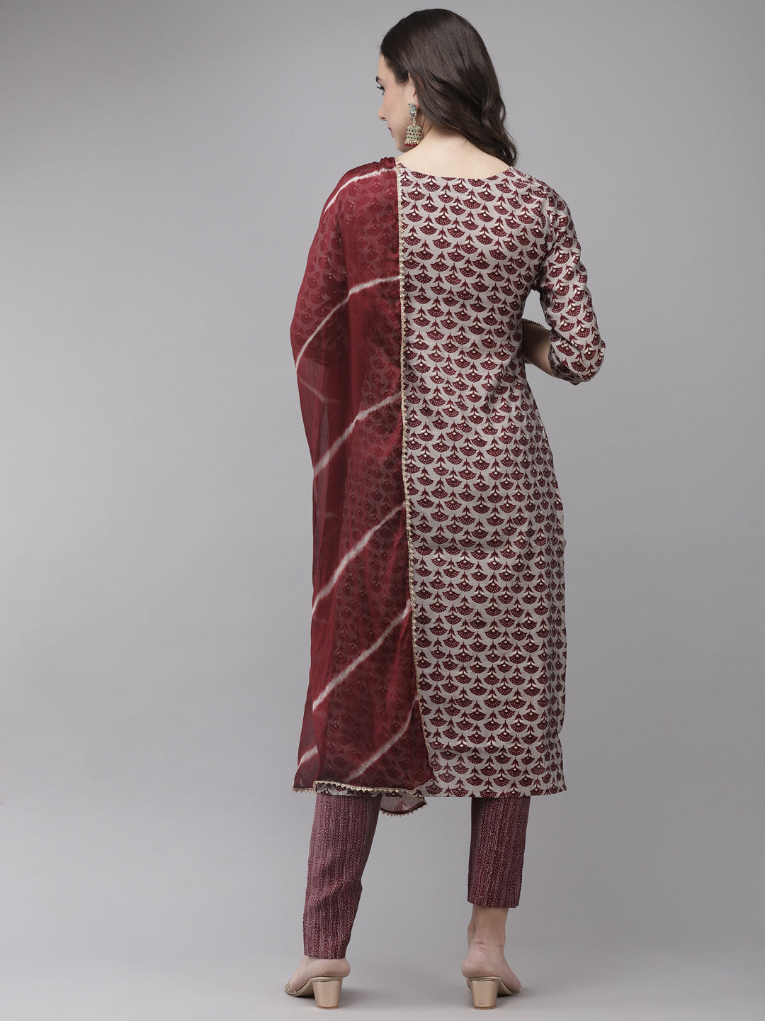 Women's Silk Blend Grey & Maroon Embroidered A-Line Kurta Trouser Dupatta Set - Navyaa