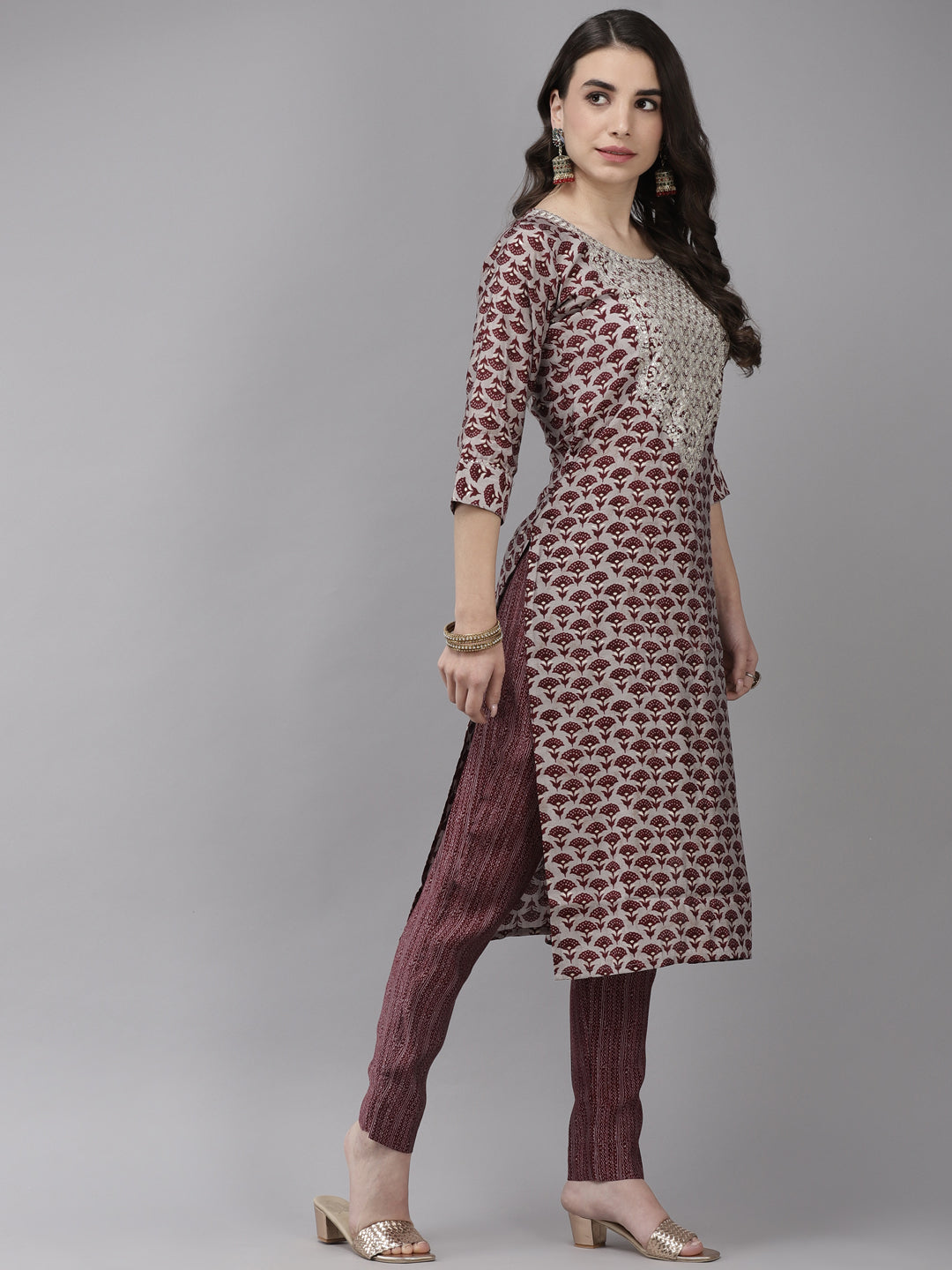 Women's Silk Blend Grey & Maroon Embroidered A-Line Kurta Trouser Dupatta Set - Navyaa