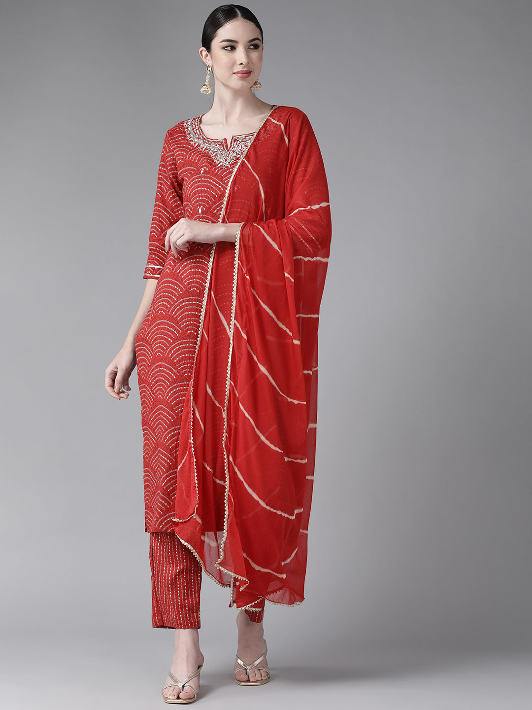 Women's Cotton Blend Red Embroidered A-Line Kurta Trouser Dupatta Set - Navyaa