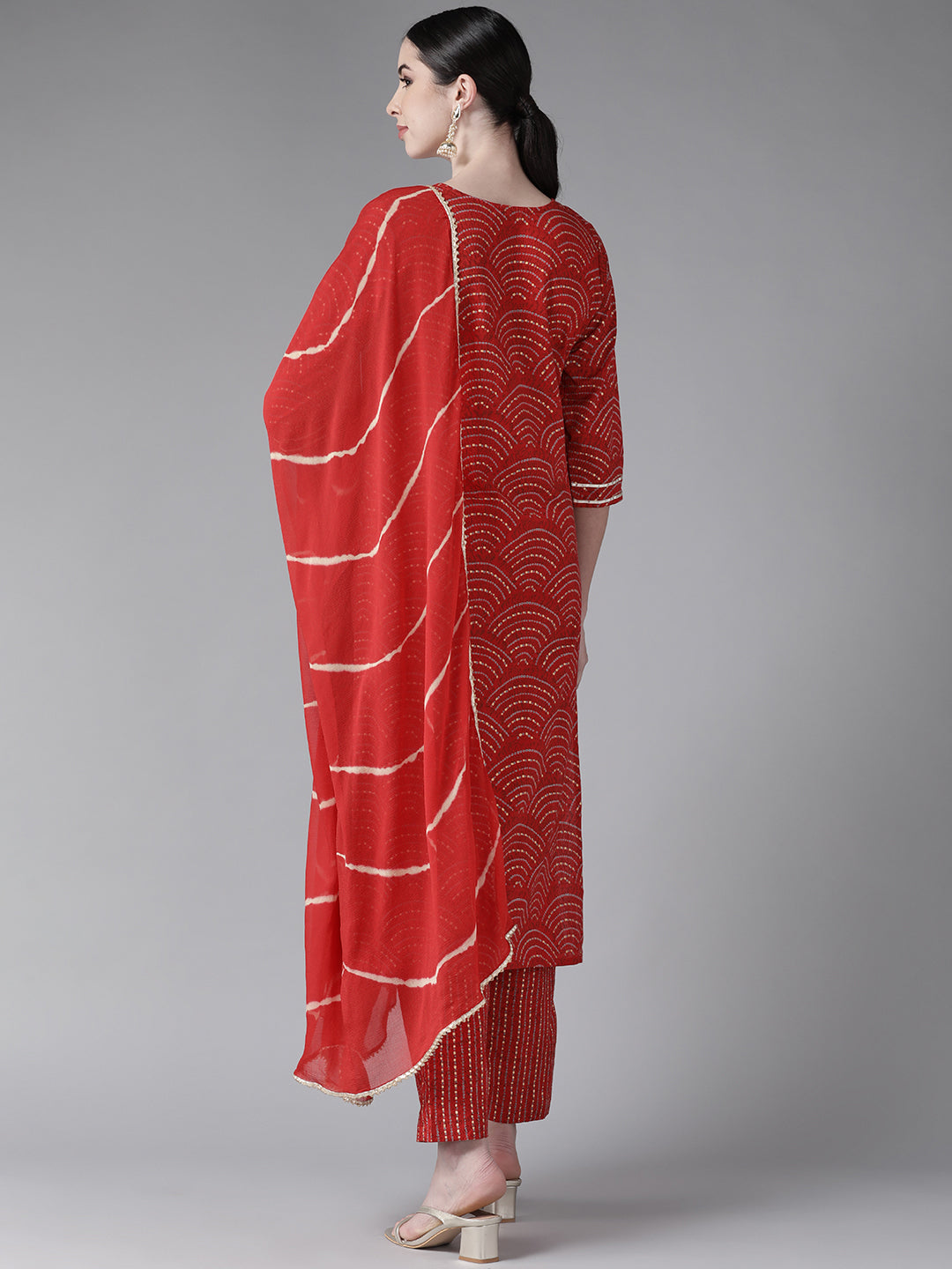 Women's Cotton Blend Red Embroidered A-Line Kurta Trouser Dupatta Set - Navyaa