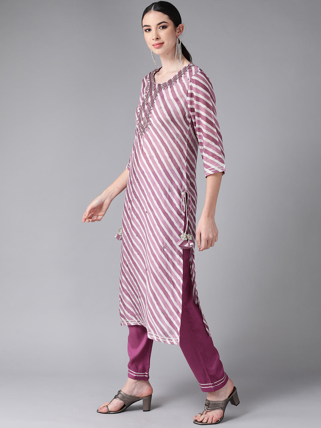 Women's Art Silk Purple Embroidered A-Line Kurta Trouser Dupatta Set - Navyaa