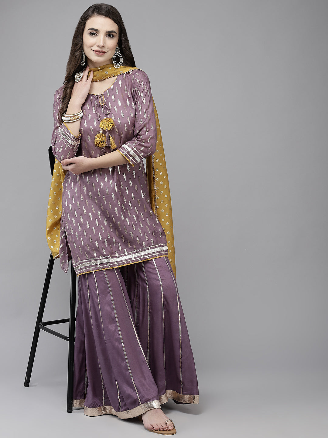 Women's Purple Foil Printed Kurti With Sharara & Dupatta - Navyaa