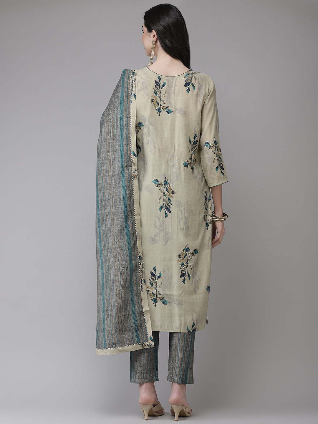 Women's Silk Blend Beige Embroidered A-Line Kurta Trouser Dupatta Set - Navyaa