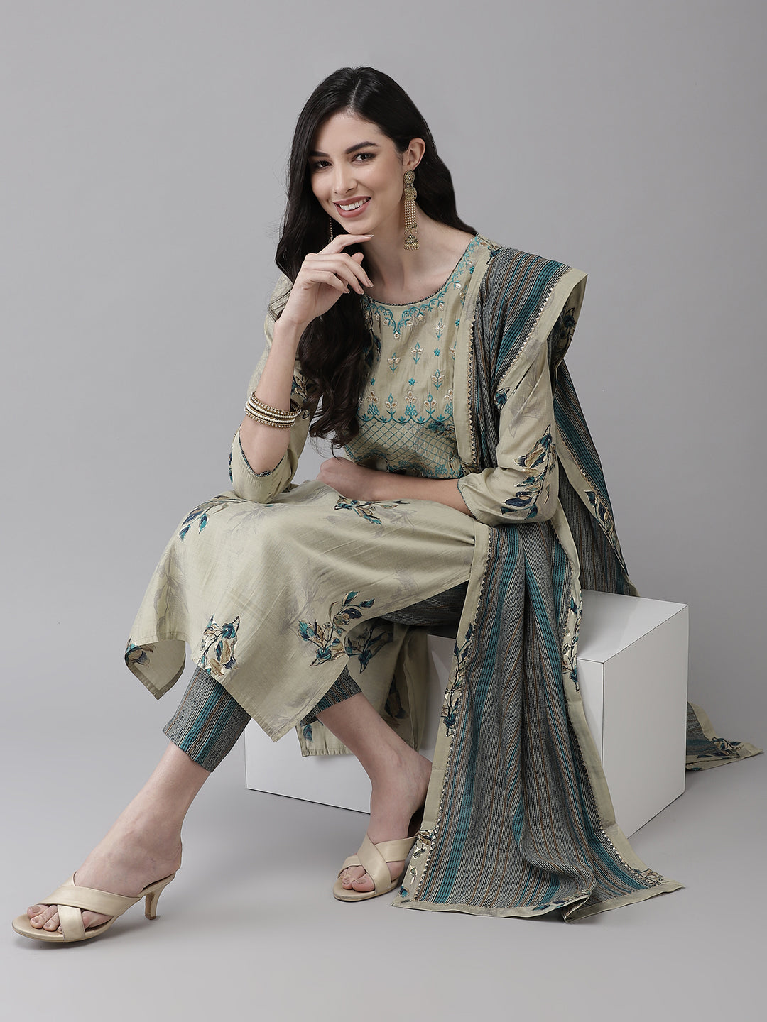 Women's Silk Blend Beige Embroidered A-Line Kurta Trouser Dupatta Set - Navyaa