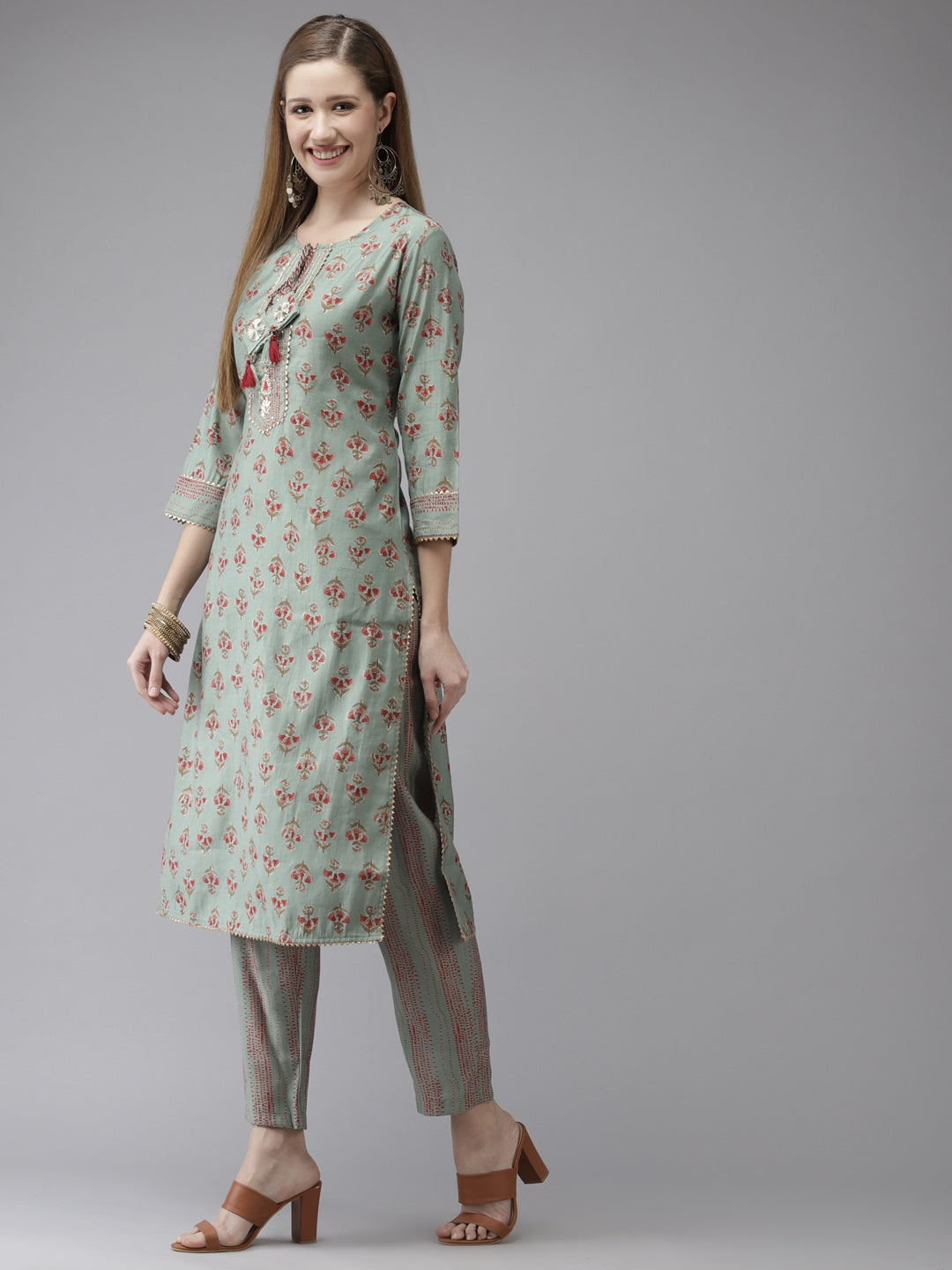 Women's Art Silk Green Embroidered A-Line Kurta Trouser Dupatta Set - Navyaa