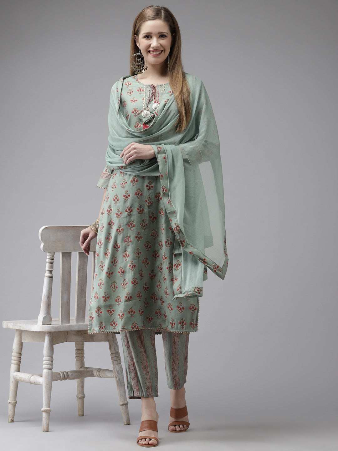 Women's Art Silk Green Embroidered A-Line Kurta Trouser Dupatta Set - Navyaa