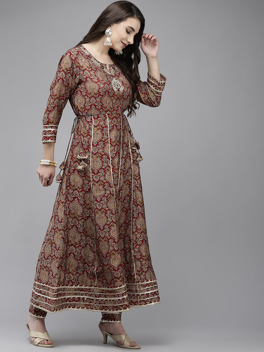 Women's Silk Blend Maroon Embroidered Anarkali Kurta Trouser Dupatta Set - Navyaa