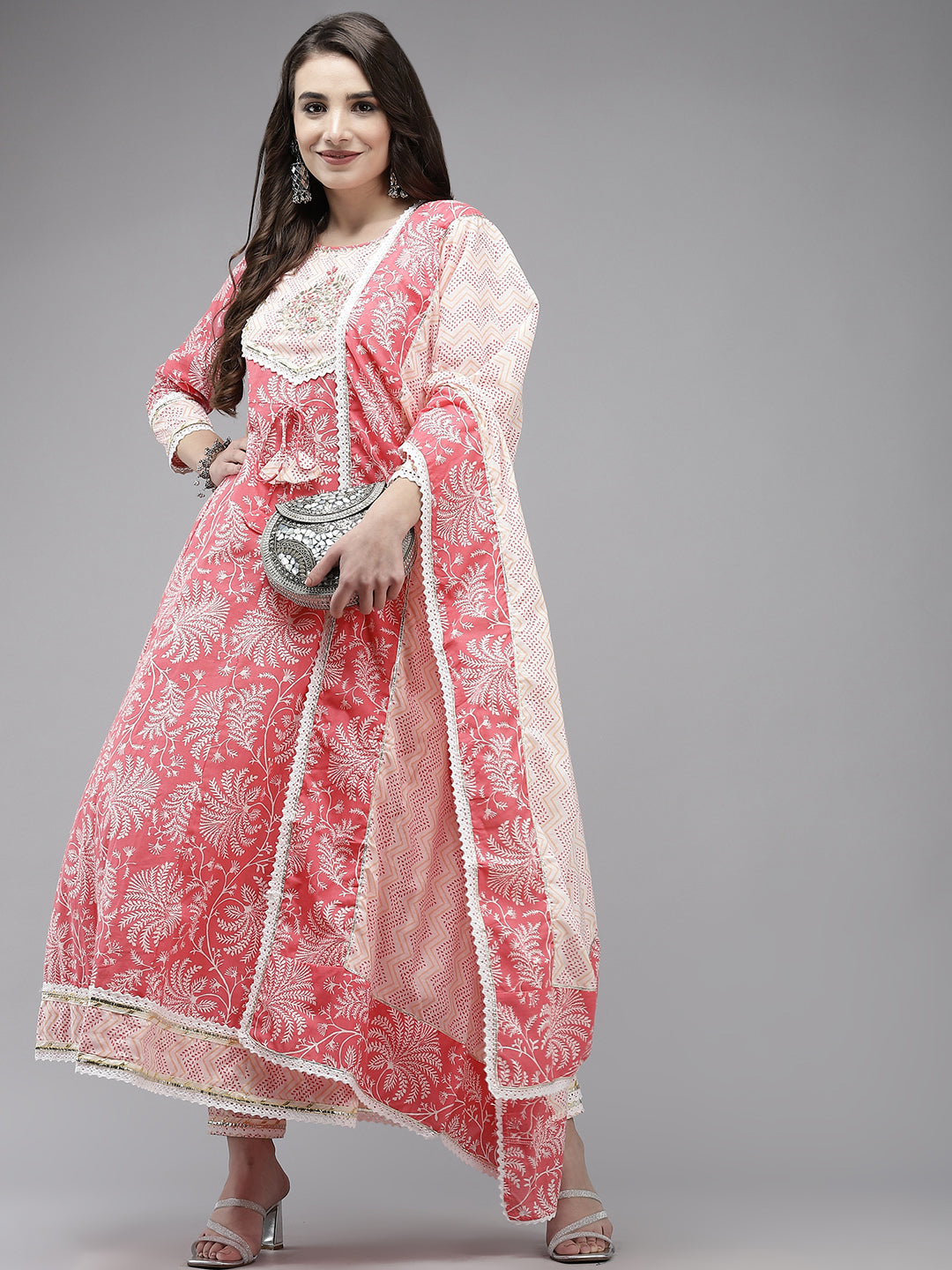 Women's Cotton Pink & White Embroidered Anarkali Kurta Trouser Dupatta Set - Navyaa