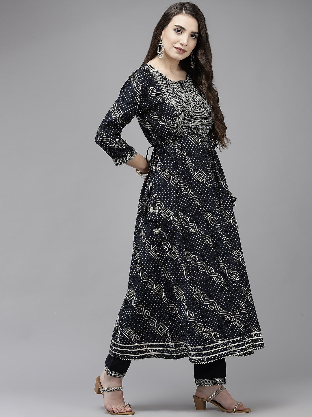 Women's Silk Blend Navy Blue Embroidered Anarkali Kurta Trouser Dupatta Set - Navyaa