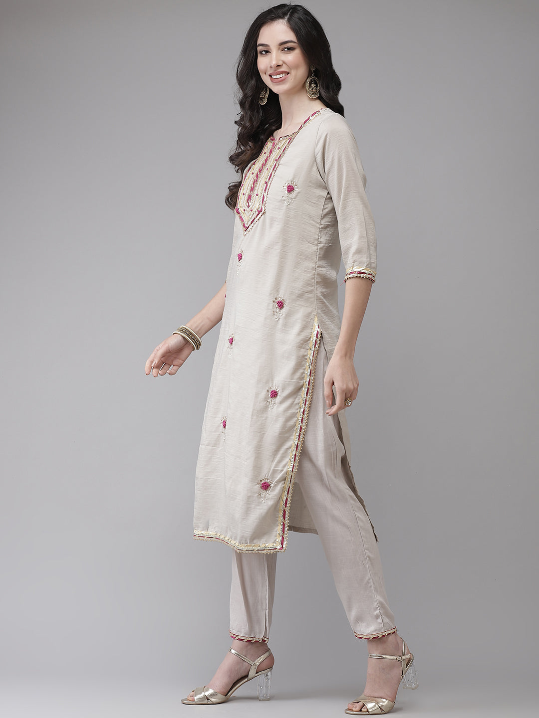 Women's Silk Blend Grey Embroidered A-Line Kurta Trouser Dupatta Set - Navyaa
