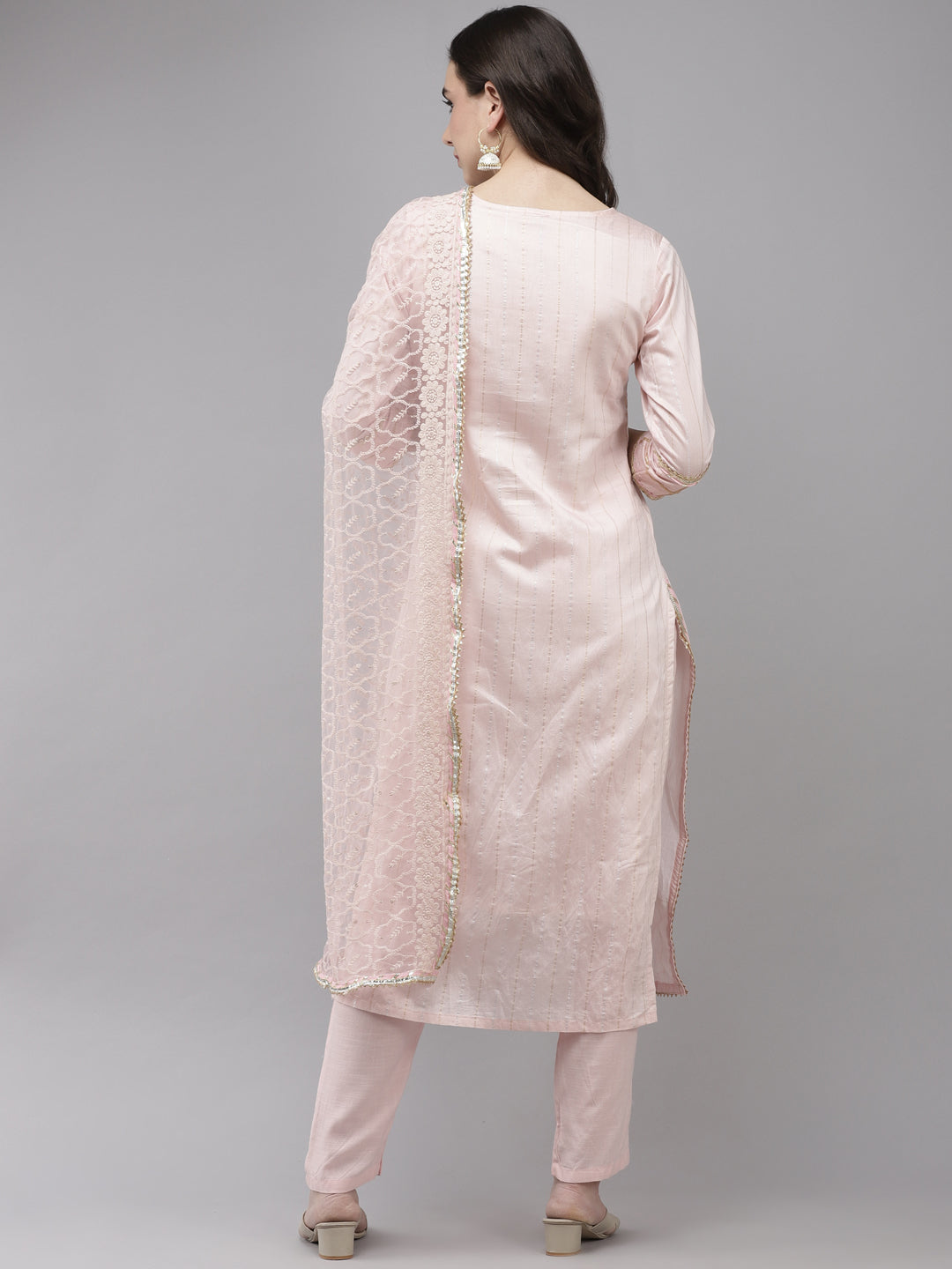 Women's Chanderi Silk Pink Embroidered A-Line Kurta Trouser Dupatta Set - Navyaa