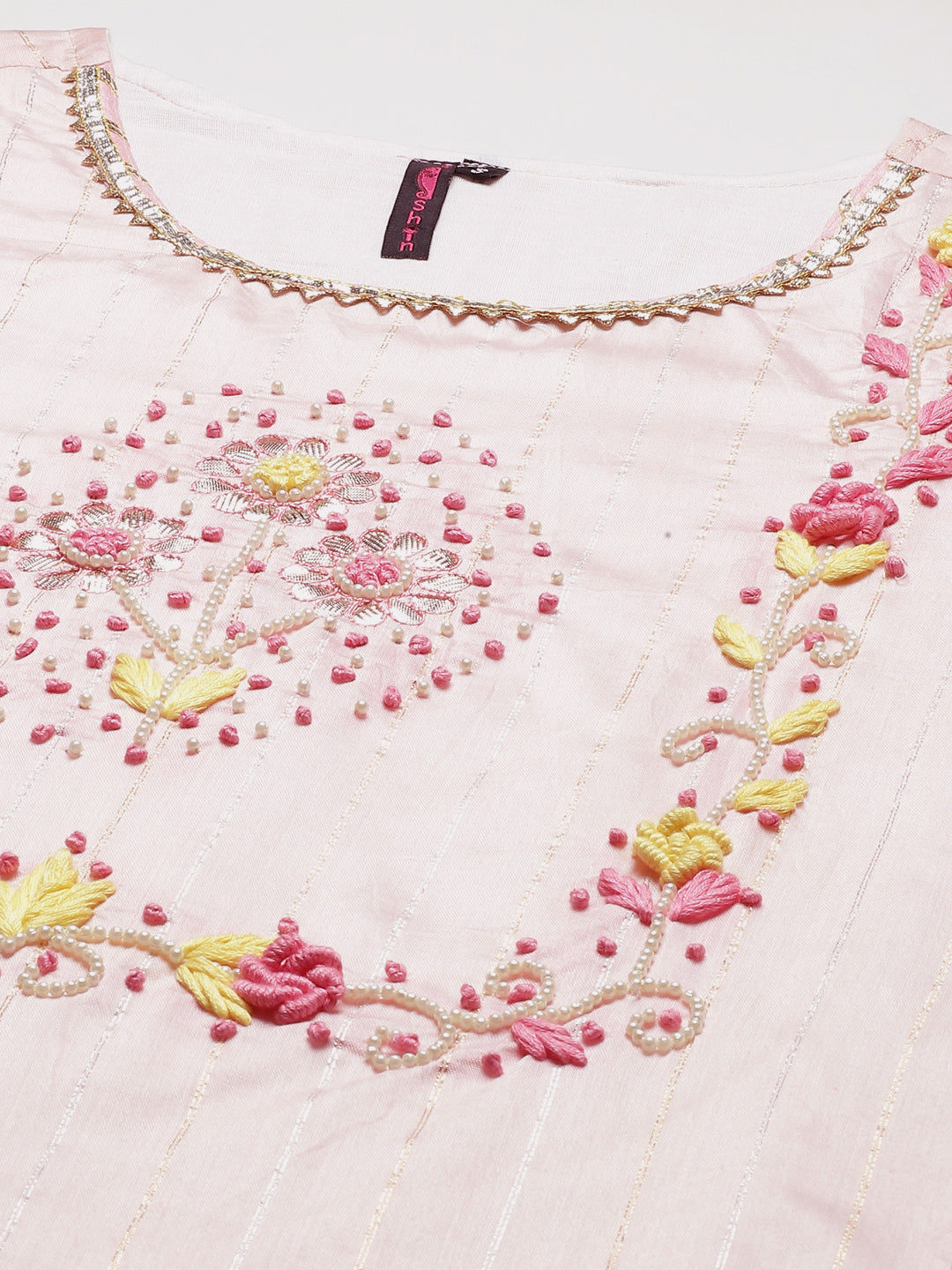Women's Chanderi Silk Pink Embroidered A-Line Kurta Trouser Dupatta Set - Navyaa