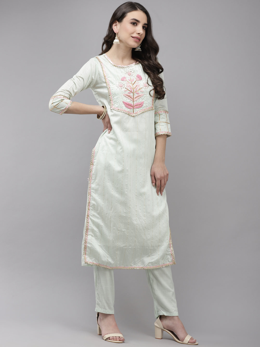 Women's Chanderi Silk Green Embroidered A-Line Kurta Trouser Dupatta Set - Navyaa