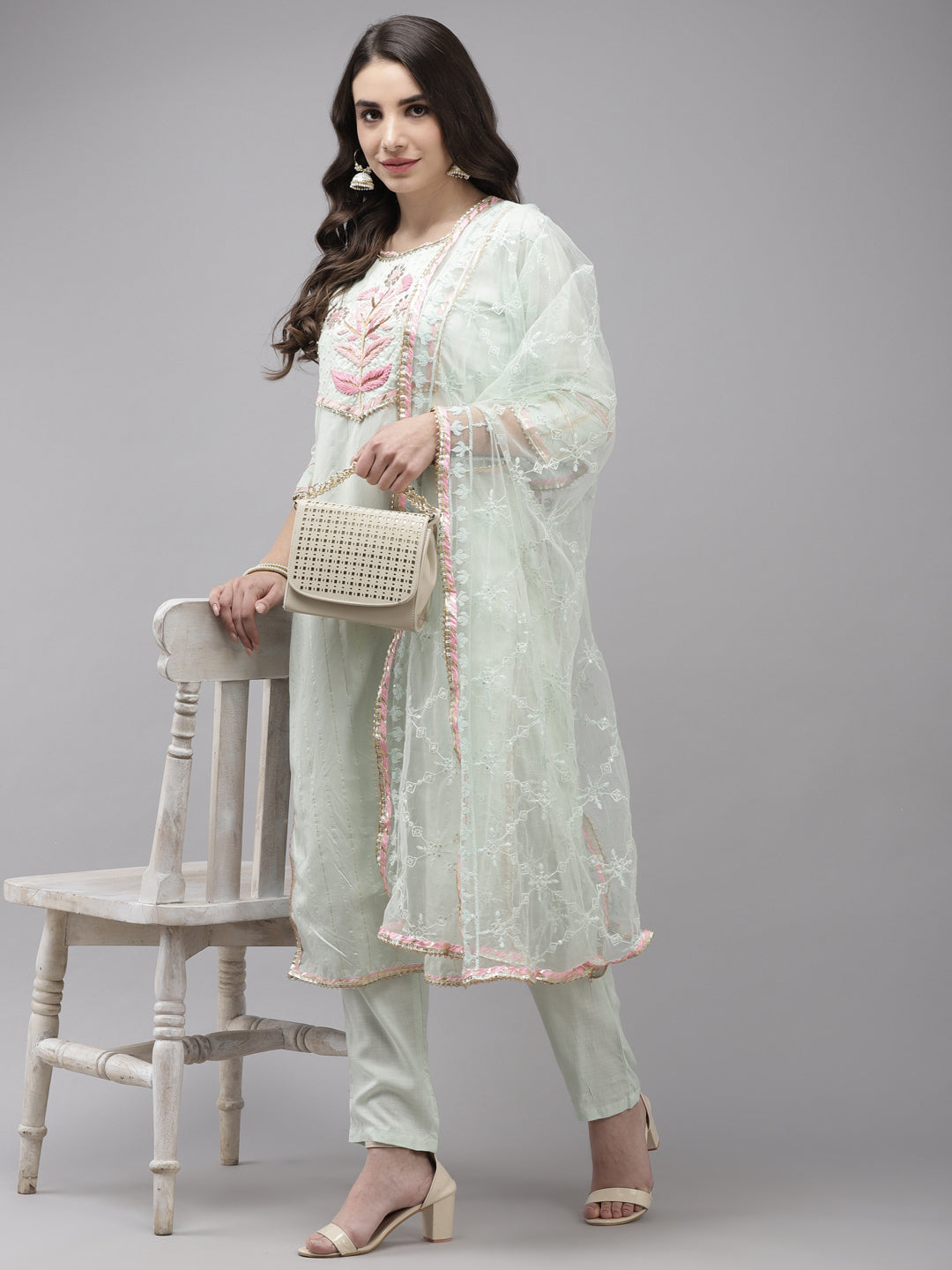 Women's Chanderi Silk Green Embroidered A-Line Kurta Trouser Dupatta Set - Navyaa