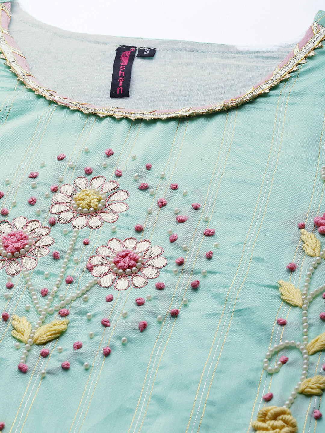Women's Chanderi Silk Sea Green Embroidered A-Line Kurta Trouser Dupatta Set - Navyaa