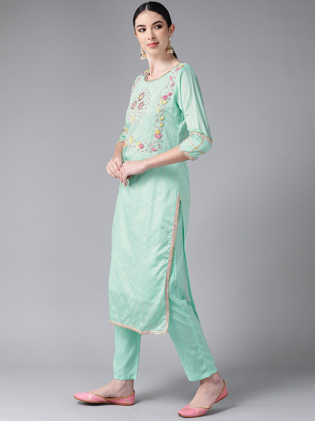 Women's Chanderi Silk Sea Green Embroidered A-Line Kurta Trouser Dupatta Set - Navyaa