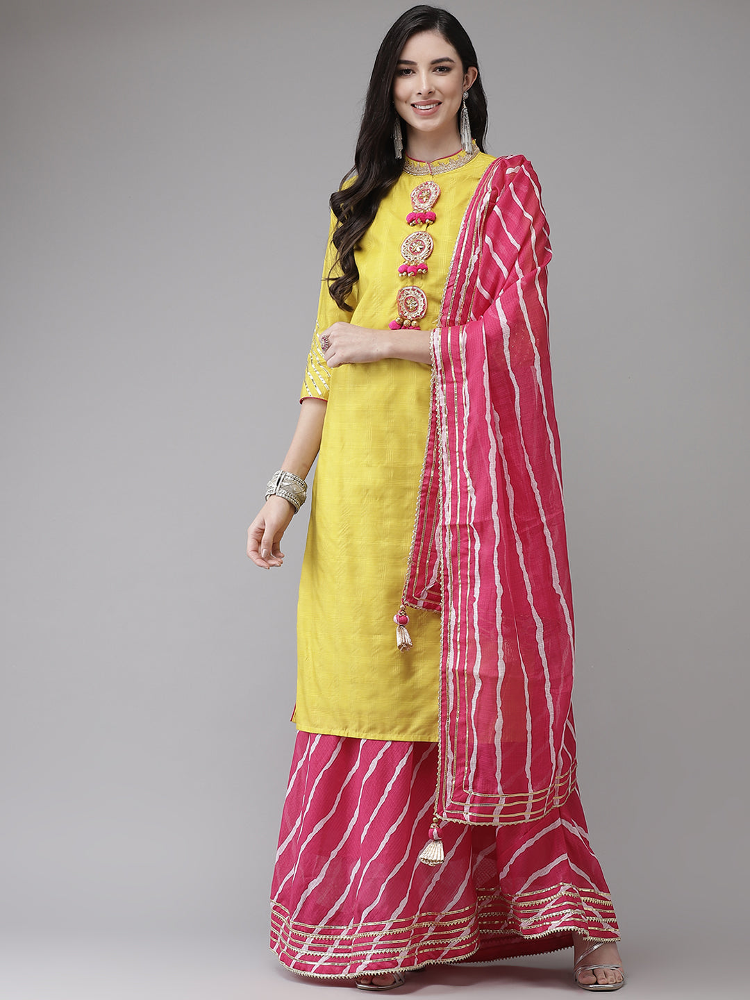 Women's Yellow & Pink Gotta Patti Embroidered A-Line Kurta Skirt Dupatta Set  - Navyaa