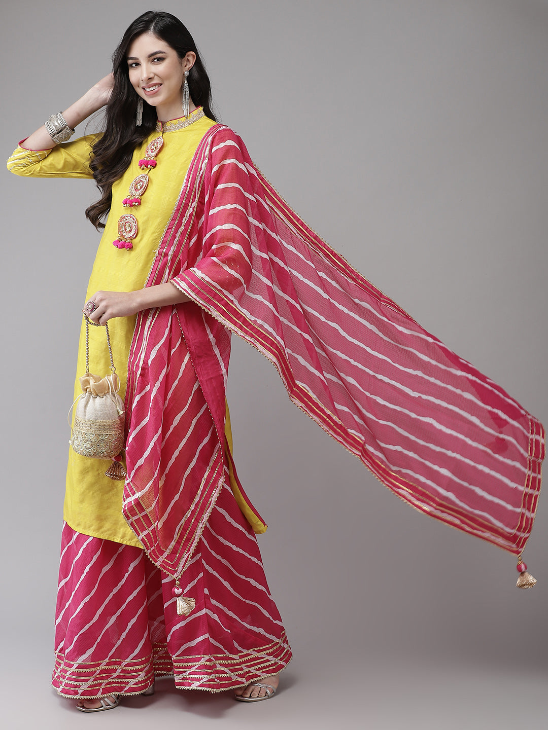 Women's Yellow & Pink Gotta Patti Embroidered A-Line Kurta Skirt Dupatta Set  - Navyaa