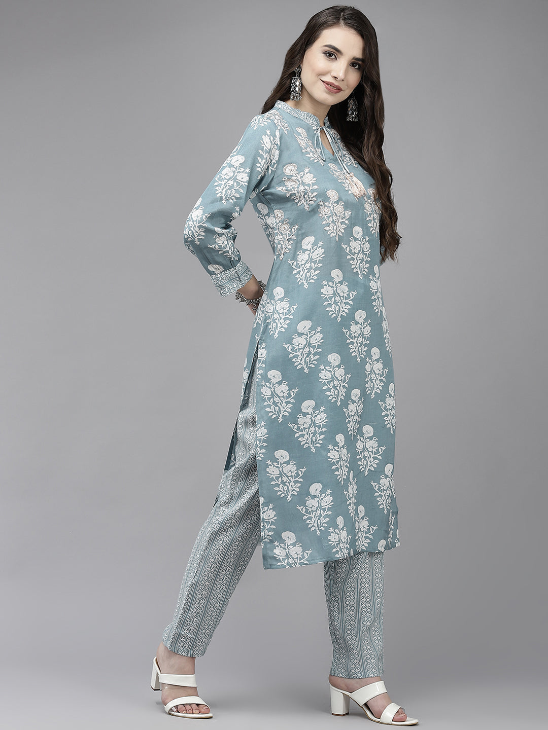 Women's Grey Zari Embroidered A-Line Kurta With Trouser & Dupatta - Navyaa
