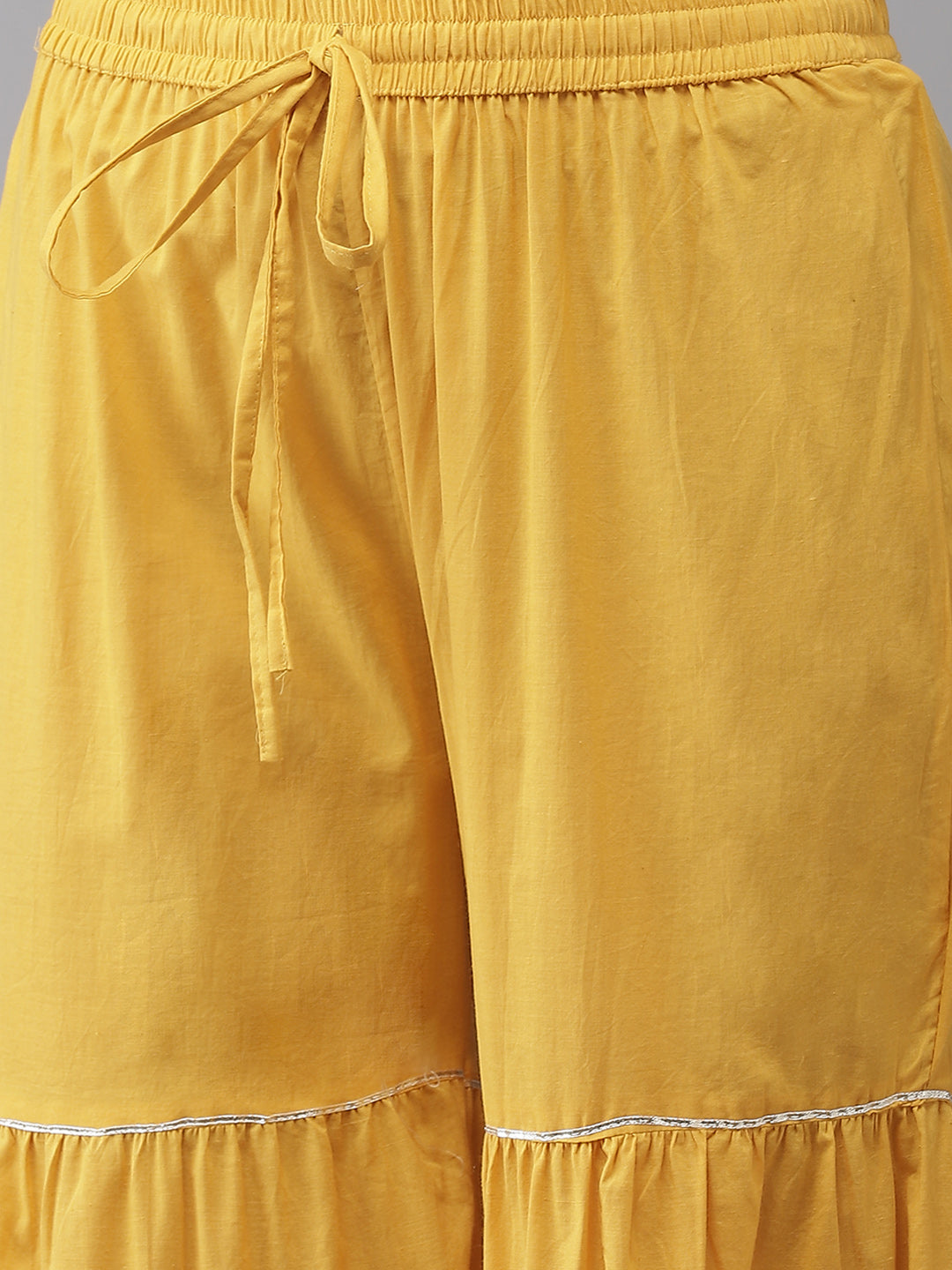 Women's Cotton Blend Mustard Embroidered A-Line Kurta Sharara Dupatta Set - Navyaa