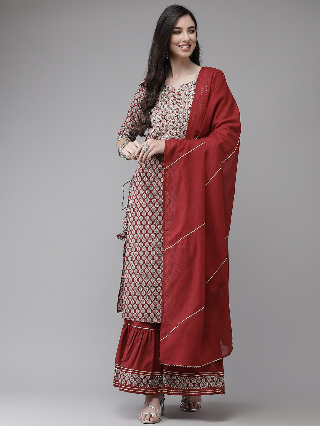 Women's Cotton Blend Brown Embroidered A-Line Kurta Sharara Dupatta Set - Navyaa