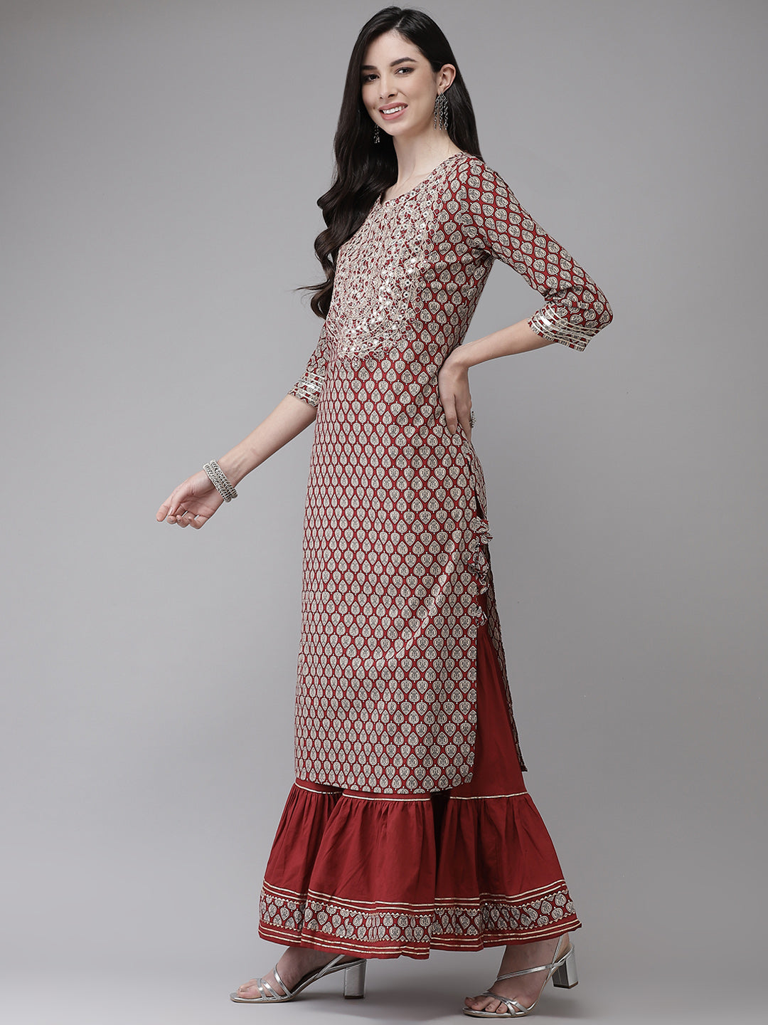 Women's Cotton Blend Brown Embroidered A-Line Kurta Sharara Dupatta Set - Navyaa