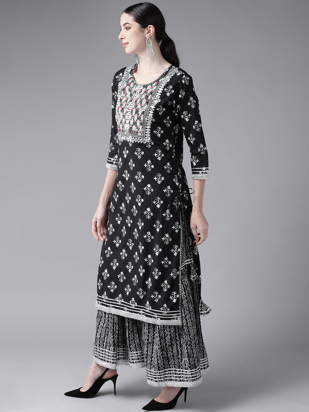 Women's Cotton Blend Black Embroidered A-Line Kurta Sharara Dupatta Set - Navyaa