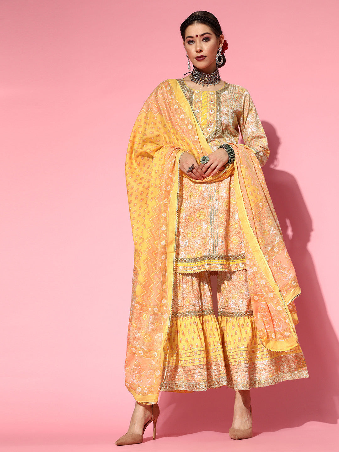 Women's Cotton Blend Embroidered Anarkali Peplum Kurti Sharara Dupatta Set - Navyaa