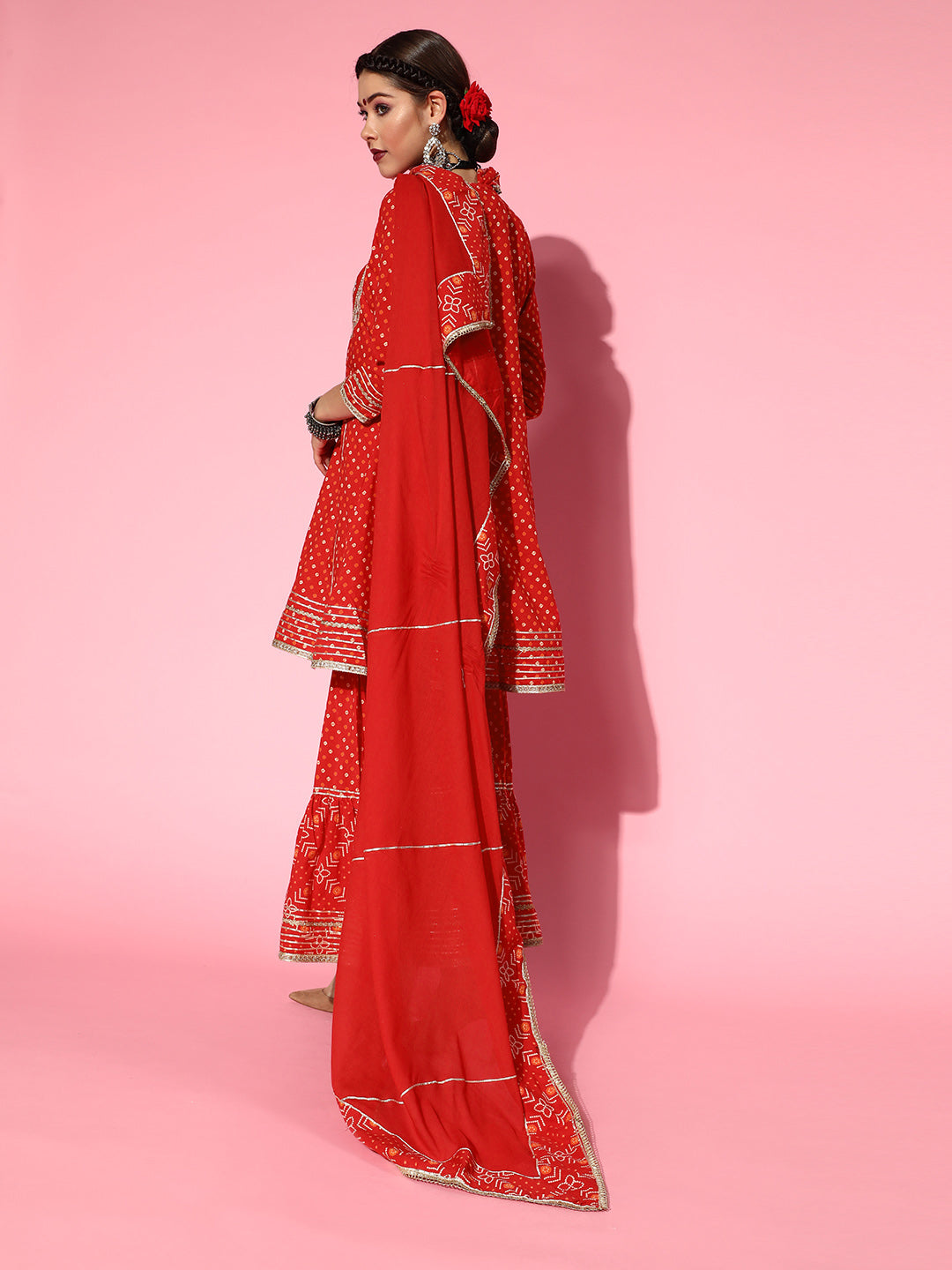 Women's Cotton Blend Red Embroidered Anarkali Peplum Kurti Sharara Dupatta Set - Navyaa