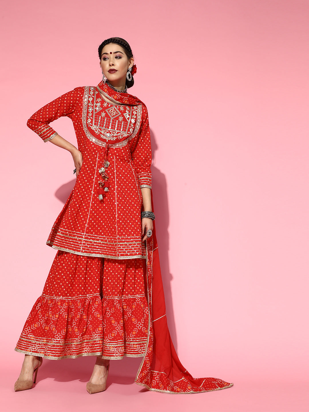 Women's Cotton Blend Red Embroidered Anarkali Peplum Kurti Sharara Dupatta Set - Navyaa