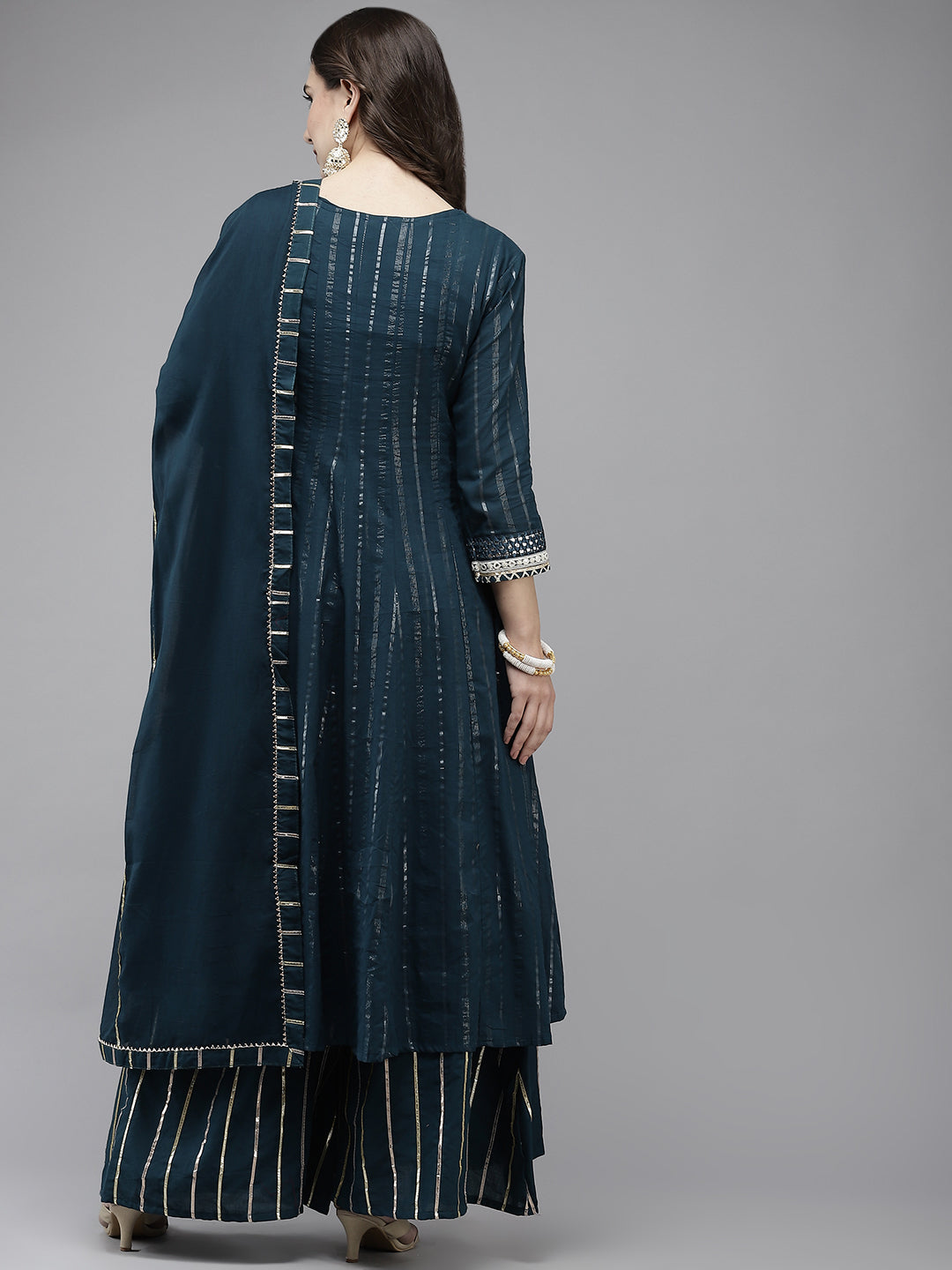 Women's Cotton Blend Teal Embroidered Anarkali Kurta Sharara Dupatta Set - Navyaa