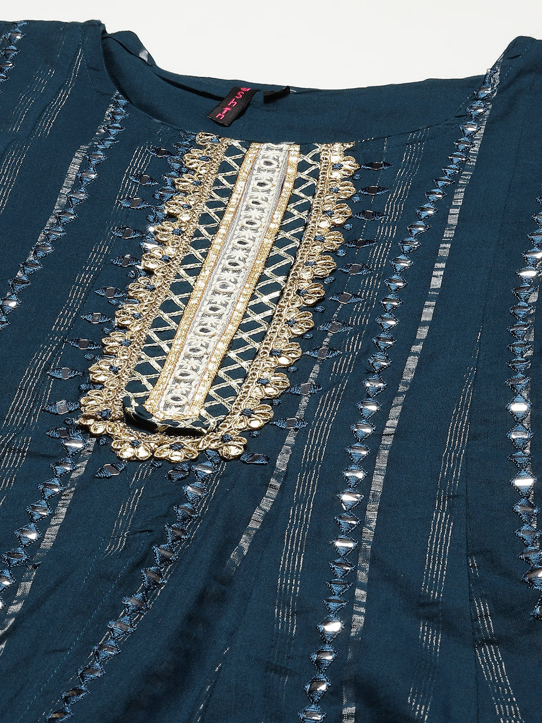 Women's Cotton Blend Teal Embroidered Anarkali Kurta Sharara Dupatta Set - Navyaa