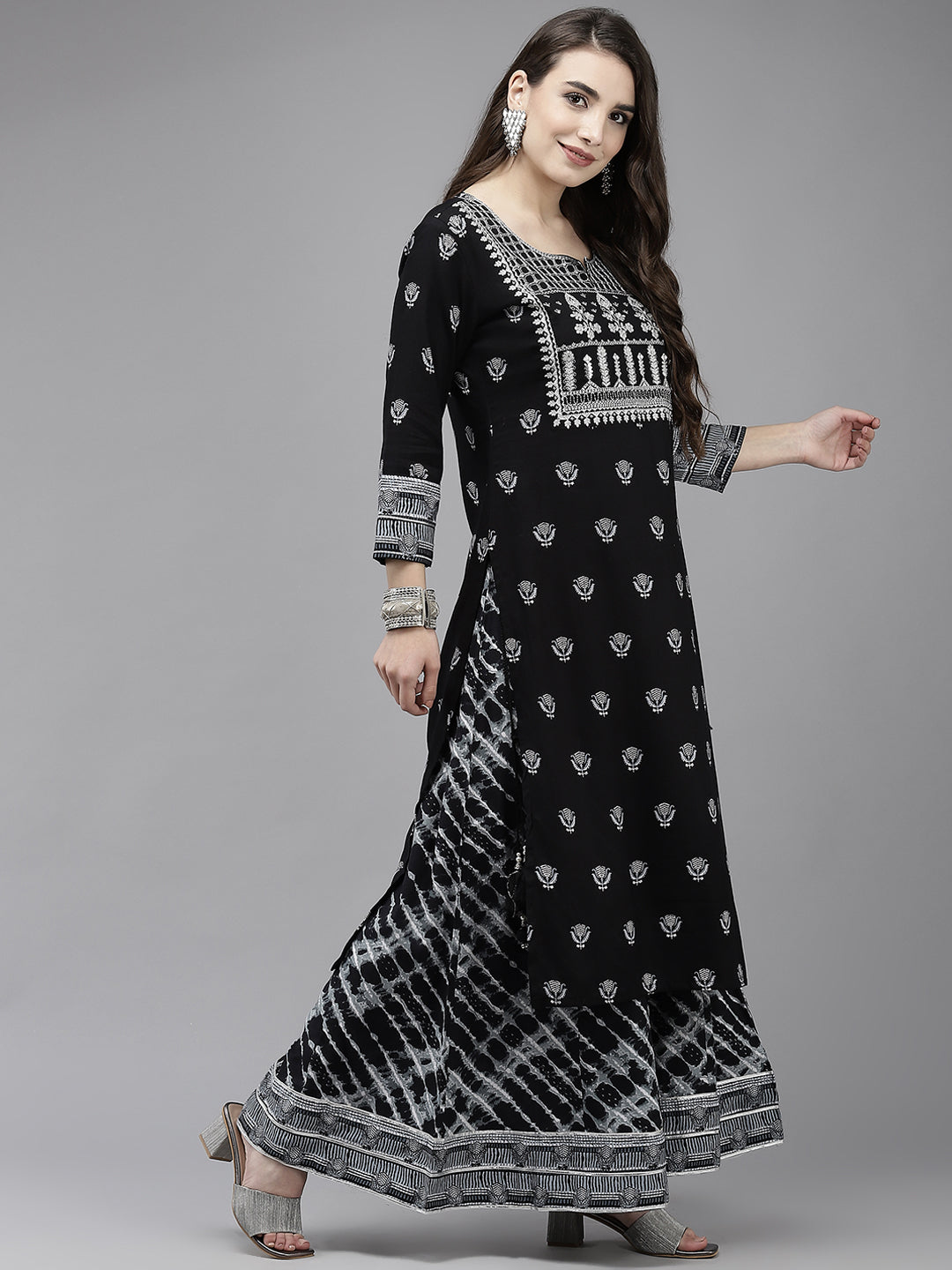 Women's Black Embroidered A-Line Kurta With Sharara & Dupatta - Navyaa