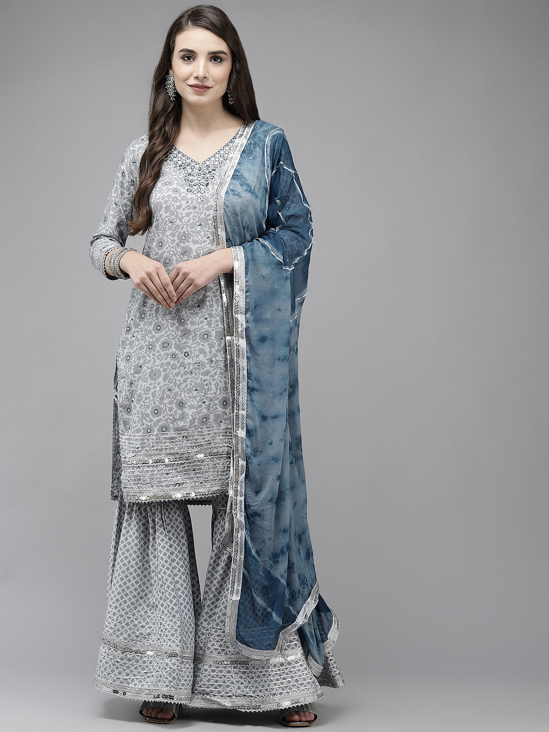 Women's Silk Blend Grey Embroidered A-Line Kurta Sharara Dupatta Set - Navyaa