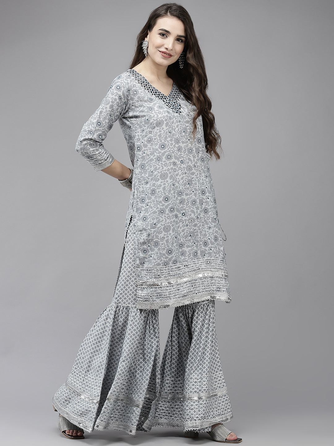 Women's Silk Blend Grey Embroidered A-Line Kurta Sharara Dupatta Set - Navyaa