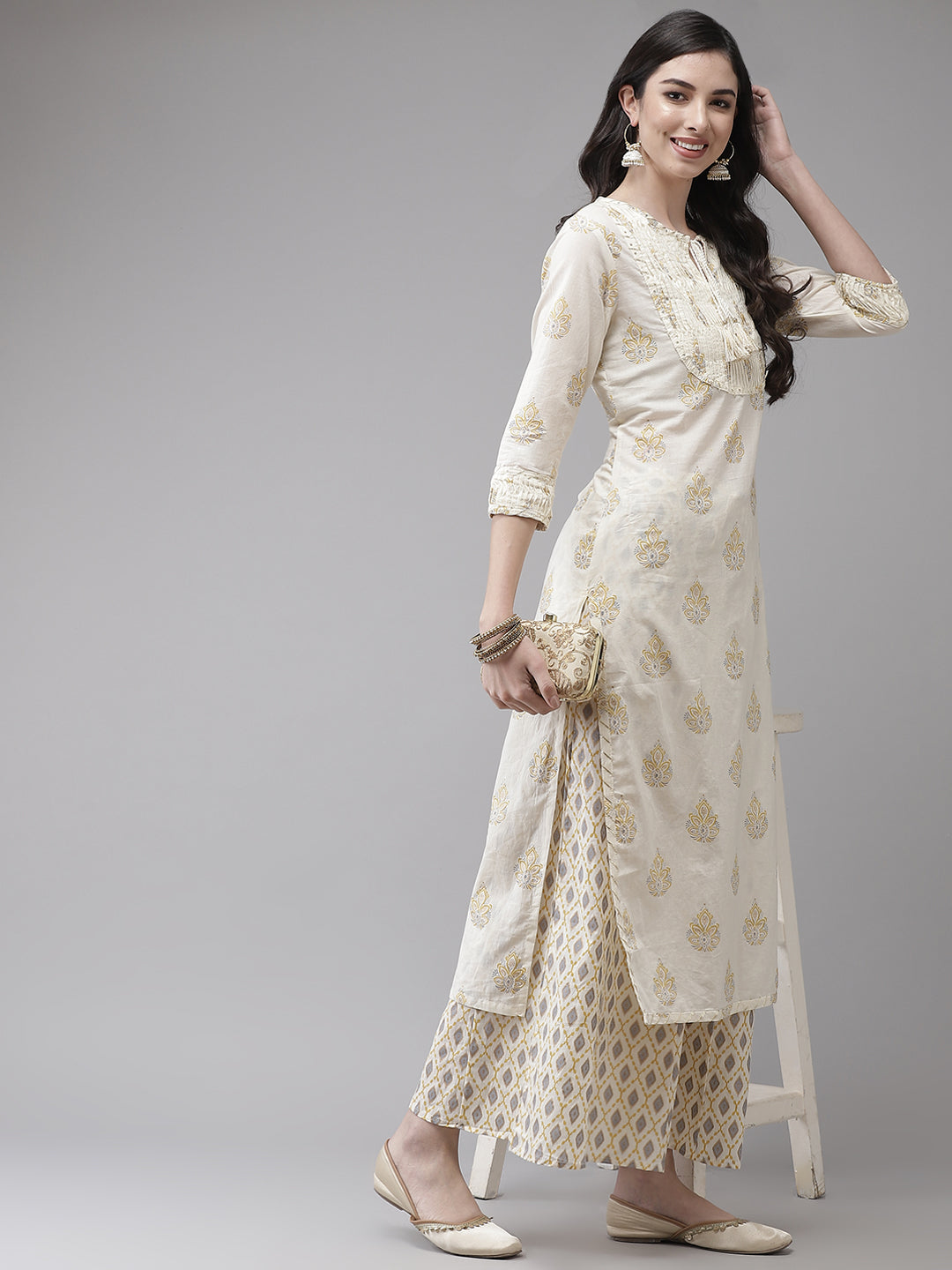 Women's Cotton Blend Cream Embroidered A-Line Kurta Sharara Set - Navyaa