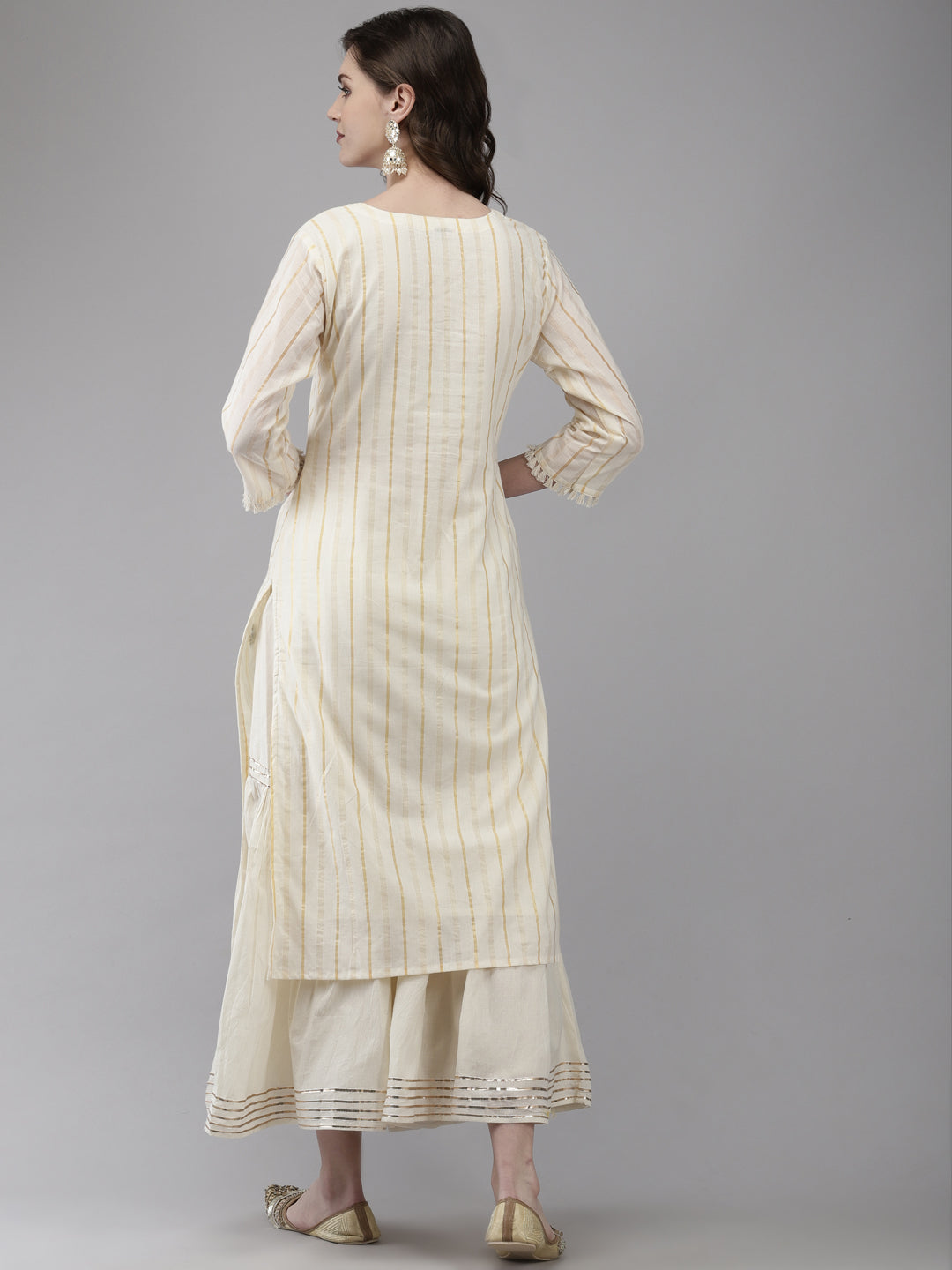 Women's Cotton Off White Embroidered A-Line Kurta Sharara Set - Navyaa