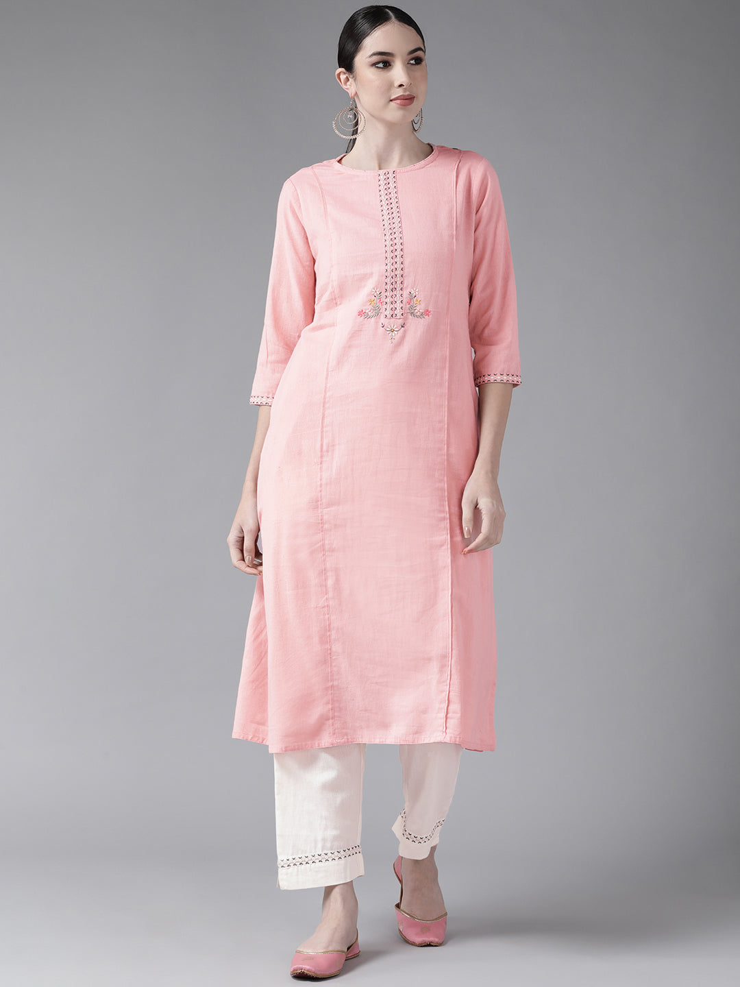 Women's Cotton Blend Pink & Off White Embroidered A-Line Kurta Trouser Set - Navyaa