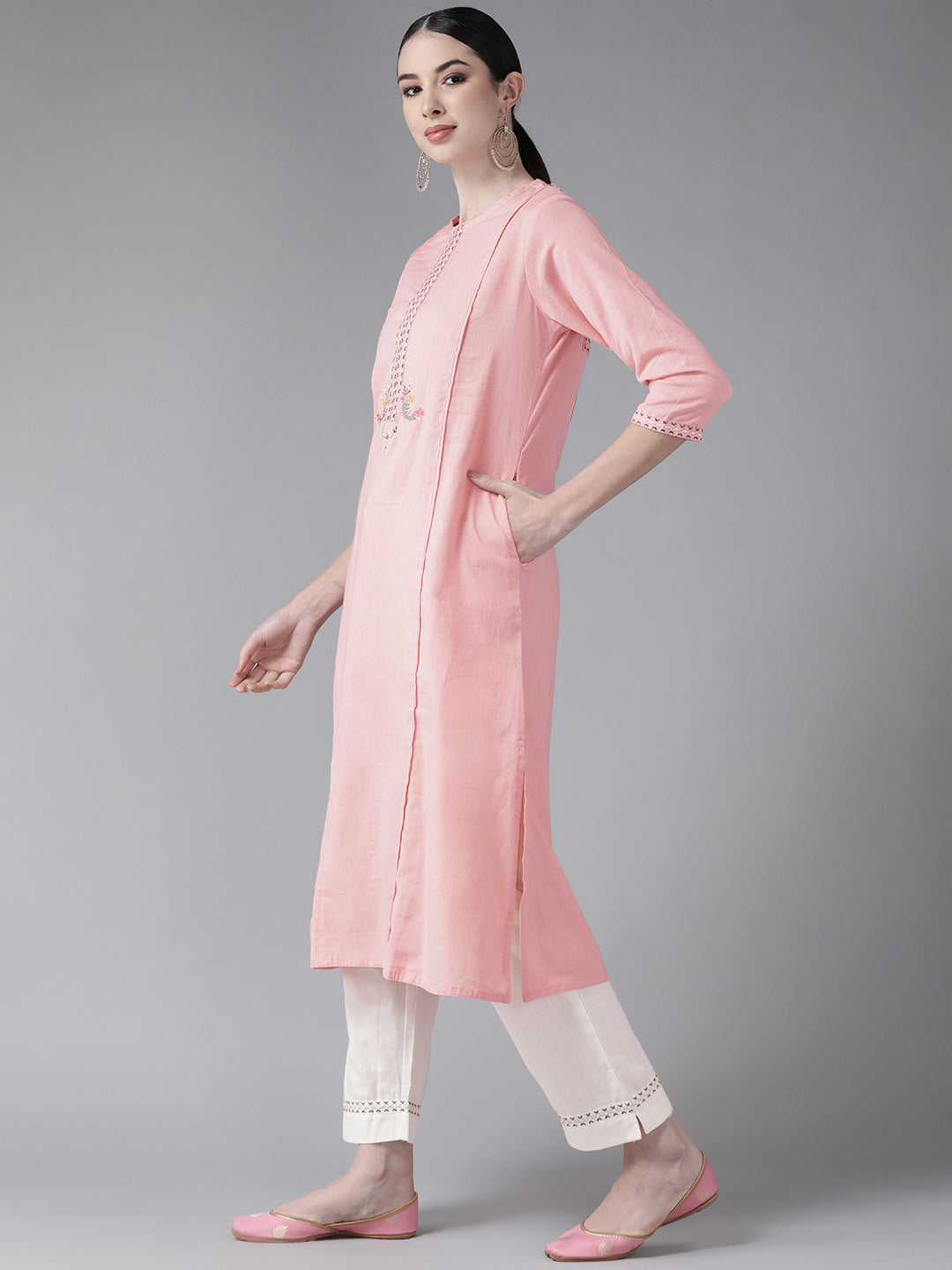Women's Cotton Blend Pink & Off White Embroidered A-Line Kurta Trouser Set - Navyaa